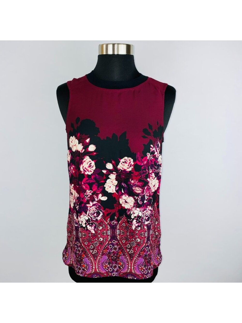 Adrianna Papell Womens Dark Ruby Red Pink Purple Floral Bohemian Print Top XS